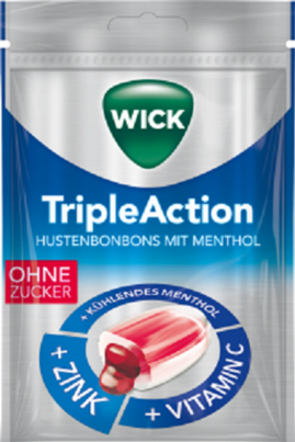 Sie sehen eine Packung WICK TRIPLE ACTION zfr. 72g,Btl., Produktbild: 01 WICK TRIPLE ACTION zfr. 72g,Btl., A-Nr.: 4777234 - 01