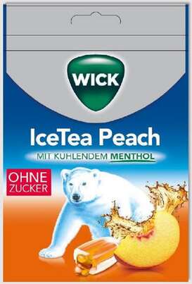 Sie sehen eine Packung WICK IceTea Peach Btl. zfr. 72g, Produktbild: 01 WICK IceTea Peach Btl. zfr. 72g, A-Nr.: 5678327 - 01