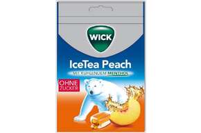 Sie sehen eine Packung WICK IceTea Peach Btl. zfr. 72g, Produktbild: 01 WICK IceTea Peach Btl. zfr. 72g, A-Nr.: 5678327 - 01