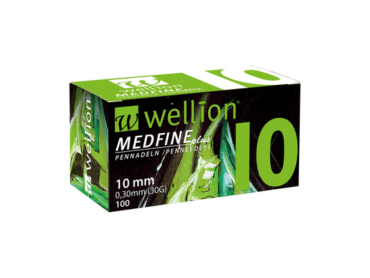 Sie sehen eine Packung WELL110 Wellion MEDFINE plus Pennadeln, 10 mm, 100 Stück, Produktbild: 01 WELL110 Wellion MEDFINE plus Pennadeln, 10 mm, 100 Stück, A-Nr.: 3480101 - 01