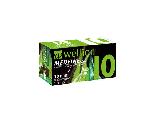 Sie sehen eine Packung WELL110 Wellion MEDFINE plus Pennadeln, 10 mm, 100 Stück, Produktbild: 03 WELL110 Wellion MEDFINE plus Pennadeln, 10 mm, 100 Stück, A-Nr.: 3480101 - 03