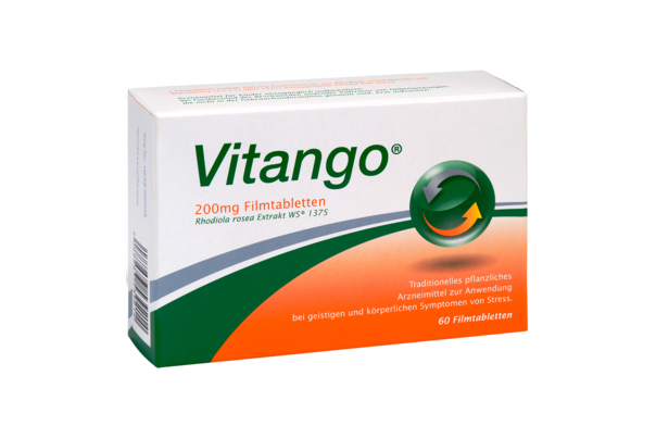 Sie sehen eine Packung Vitango® 200 mg Filmtabletten, Produktbild: 01 Vitango® 200 mg Filmtabletten, A-Nr.: 3539219 - 01