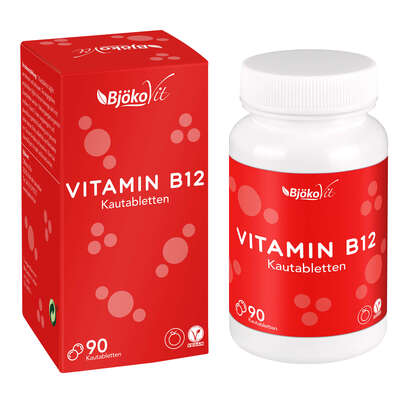 Sie sehen eine Packung BjökoVit Vitamin B12 Kautabletten 500mcg vegan, Produktbild: 01 BjökoVit Vitamin B12 Kautabletten 500mcg vegan, A-Nr.: 5174609 - 01