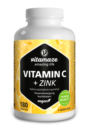 Sie sehen eine Packung Vitamaze Vitamin C 1000mg hochdosiert +Zink vegan, Produktbild: 01 Vitamaze Vitamin C 1000mg hochdosiert +Zink vegan, A-Nr.: 5179328 - 01