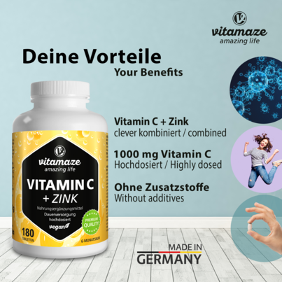 Sie sehen eine Packung Vitamaze Vitamin C 1000mg hochdosiert +Zink vegan, Produktbild: 02 Vitamaze Vitamin C 1000mg hochdosiert +Zink vegan, A-Nr.: 5179328 - 02