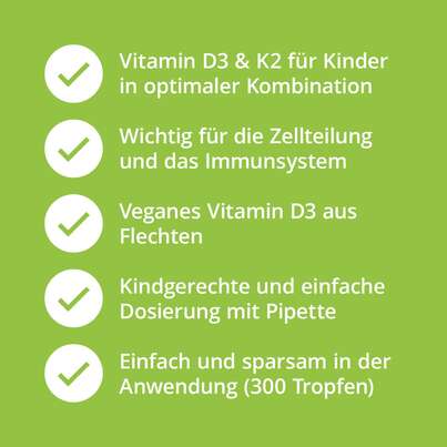 Sie sehen eine Packung Vitamin D3 + K2 Tropfen Kinder vegan, Produktbild: 02 Vitamin D3 + K2 Tropfen Kinder vegan, A-Nr.: 5636168 - 02