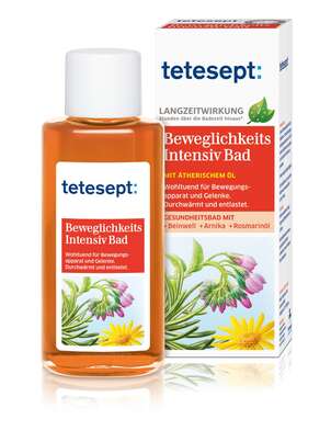 Sie sehen eine Packung tetesept Gesundheitsbad Beweglichkeit Intensiv Bad, Produktbild: 01 tetesept Gesundheitsbad Beweglichkeit Intensiv Bad, A-Nr.: 3481052 - 01
