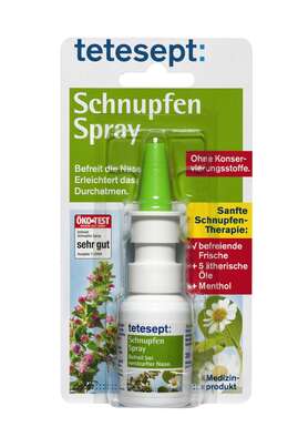 Sie sehen eine Packung tetesept Schnupfen Spray mit ätherischen Ölen, Produktbild: 01 tetesept Schnupfen Spray mit ätherischen Ölen, A-Nr.: 4056977 - 01