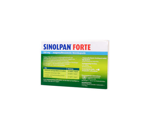 Sie sehen eine Packung Sinolpan® forte 200mg magensaftresistente Weichkapseln, Produktbild: 02 Sinolpan® forte 200mg magensaftresistente Weichkapseln, A-Nr.: 4965970 - 02
