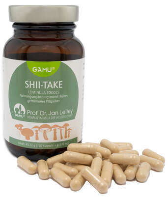 Sie sehen eine Packung Gamu Shii-take mikronisiert Kapseln, Produktbild: 01 Gamu Shii-take mikronisiert Kapseln, A-Nr.: 5600354 - 01