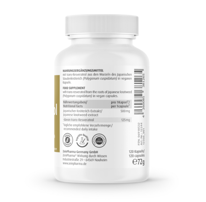 Sie sehen eine Packung Zeinpharma Resveratrol 125 mg Kapseln, Produktbild: 03 Zeinpharma Resveratrol 125 mg Kapseln, A-Nr.: 3852991 - 03