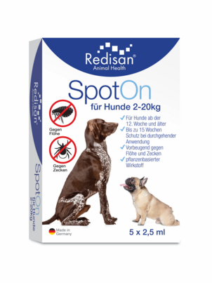 Sie sehen eine Packung Redisan Spot On Hunde 5x2,5 ml, Produktbild: 01 Redisan Spot On Hunde 5x2,5 ml, A-Nr.: 5710812 - 01