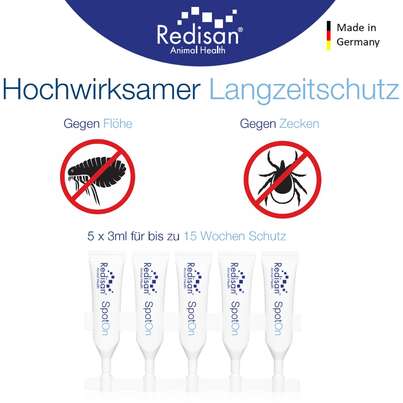 Sie sehen eine Packung Redisan Spot On Hunde 5x2,5 ml, Produktbild: 02 Redisan Spot On Hunde 5x2,5 ml, A-Nr.: 5710812 - 02
