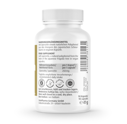 Sie sehen eine Packung Zeinpharma Quercetin 250 mg Kapseln, Produktbild: 03 Zeinpharma Quercetin 250 mg Kapseln, A-Nr.: 3874610 - 03