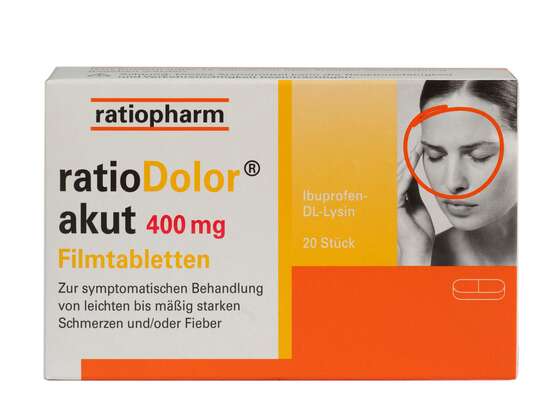 Sie sehen eine Packung ratioDolor® Ibuprofen 400 mg Filmtabletten, Produktbild: 01 ratioDolor® Ibuprofen 400 mg Filmtabletten, A-Nr.: 3786840 - 01