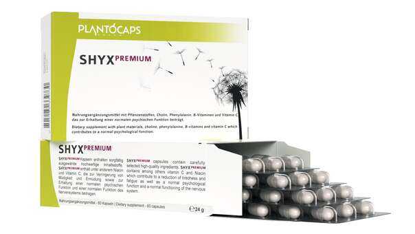 Sie sehen eine Packung plantoCAPS shyX PREMIUM Kapseln, Produktbild: 03 plantoCAPS shyX PREMIUM Kapseln, A-Nr.: 4560405 - 03