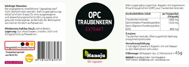 Sie sehen eine Packung Hanoju OPC Traubenkern Extrakt Kapseln 400mg, Produktbild: 02 Hanoju OPC Traubenkern Extrakt Kapseln 400mg, A-Nr.: 4385356 - 02