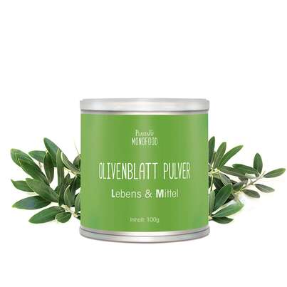 Sie sehen eine Packung Olivenblatt Pulver 100g, Produktbild: 03 Olivenblatt Pulver 100g, A-Nr.: 4546807 - 03