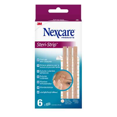Sie sehen eine Packung Nexcare™ Steri-Strip™ Wundverschlussstreifen, braun, 6 mm x 75 mm 6/Packung, Produktbild: 01 Nexcare™ Steri-Strip™ Wundverschlussstreifen, braun, 6 mm x 75 mm 6/Packung, A-Nr.: 5738029 - 01