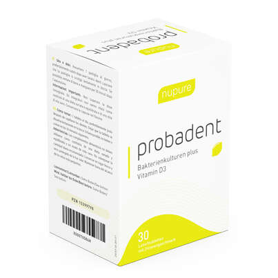 Sie sehen eine Packung Nupure probadent Probiotikum bei Mundgeruch Lutschtabletten, Produktbild: 01 Nupure probadent Probiotikum bei Mundgeruch Lutschtabletten, A-Nr.: 5778922 - 01