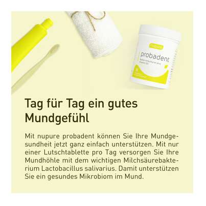 Sie sehen eine Packung Nupure probadent Probiotikum bei Mundgeruch Lutschtabletten, Produktbild: 03 Nupure probadent Probiotikum bei Mundgeruch Lutschtabletten, A-Nr.: 5778922 - 03