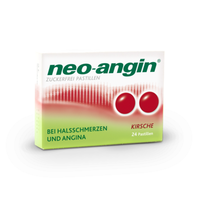 Sie sehen eine Packung neo-angin® Kirsche zuckerfrei Pastillen, Produktbild: 01 neo-angin® Kirsche zuckerfrei Pastillen, A-Nr.: 3931414 - 01