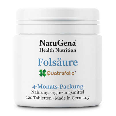 Sie sehen eine Packung NatuGena Folsäure Tabletten, Produktbild: 01 NatuGena Folsäure Tabletten, A-Nr.: 5699140 - 01