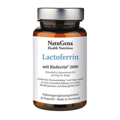 Sie sehen eine Packung NatuGena Lactoferrin Kapseln, Produktbild: 01 NatuGena Lactoferrin Kapseln, A-Nr.: 5665974 - 01