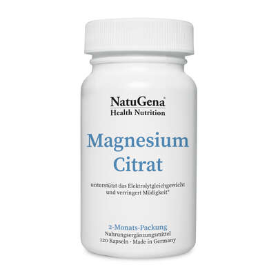 Sie sehen eine Packung NatuGena Magnesium-Citrat Kapseln, Produktbild: 01 NatuGena Magnesium-Citrat Kapseln, A-Nr.: 5699281 - 01