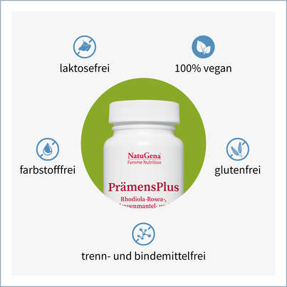 Sie sehen eine Packung NatuGena PrämensPlus Kapseln, Produktbild: 02 NatuGena PrämensPlus Kapseln, A-Nr.: 5373527 - 02