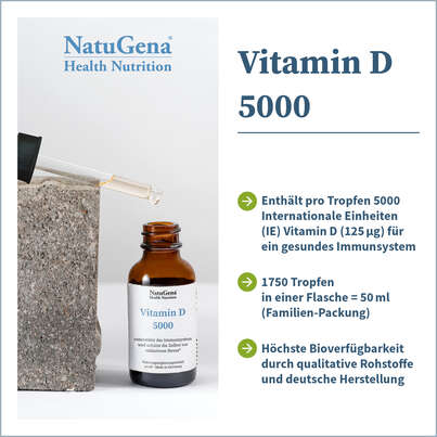 Sie sehen eine Packung NatuGena Vitamin D 5000 Tropfen, Produktbild: 02 NatuGena Vitamin D 5000 Tropfen, A-Nr.: 5699594 - 02