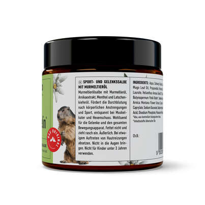 Sie sehen eine Packung Arlberger Murmelin Sport- und Gelenkssalbe 100ml, Produktbild: 04 Arlberger Murmelin Sport- und Gelenkssalbe 100ml, A-Nr.: 5075304 - 04