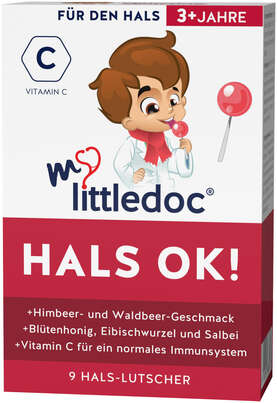 Sie sehen eine Packung mylittledoc® HALS OK! Lutscher, Produktbild: 01 mylittledoc® HALS OK! Lutscher, A-Nr.: 5780155 - 01