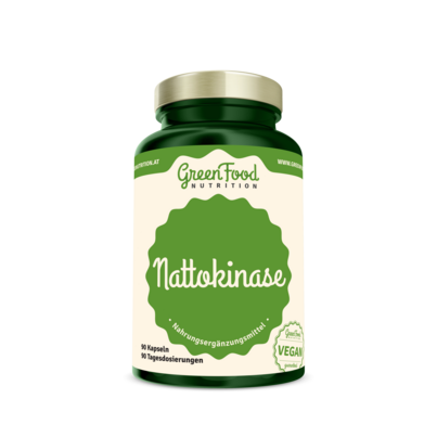 Sie sehen eine Packung GreenFood Nutrition Nattokinase 20.000FU 90 Kapseln, Produktbild: 01 GreenFood Nutrition Nattokinase 20.000FU 90 Kapseln, A-Nr.: 5634608 - 01