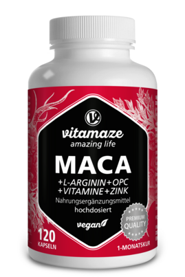 Sie sehen eine Packung Vitamaze Maca 10:1 hochdosiert +L-Arginin u. OPC u. Vitamine vegan, Produktbild: 01 Vitamaze Maca 10:1 hochdosiert +L-Arginin u. OPC u. Vitamine vegan, A-Nr.: 5179417 - 01