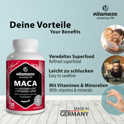 Sie sehen eine Packung Vitamaze Maca 10:1 hochdosiert +L-Arginin u. OPC u. Vitamine vegan, Produktbild: 03 Vitamaze Maca 10:1 hochdosiert +L-Arginin u. OPC u. Vitamine vegan, A-Nr.: 5179417 - 03