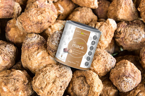 Sie sehen eine Packung Bio Maca Pulver, 100g, pur ohne Zusätze, aus den Anden Perus, beruhigend und energiesteigend, Produktbild: 02 Bio Maca Pulver, 100g, pur ohne Zusätze, aus den Anden Perus, beruhigend und energiesteigend, A-Nr.: 5229233 - 02