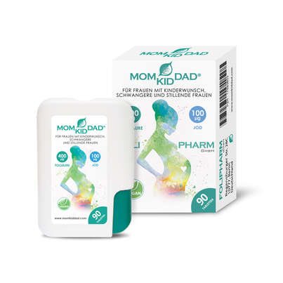 Sie sehen eine Packung MomKidDad- Folsäure und Jod für Frauen mit Kinderwunsch, Schwangere und stillende Frauen, Produktbild: 01 MomKidDad- Folsäure und Jod für Frauen mit Kinderwunsch, Schwangere und stillende Frauen, A-Nr.: 5795719 - 01
