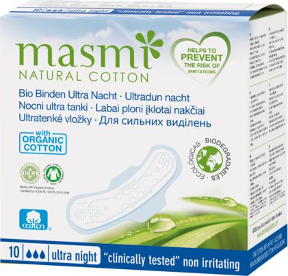 Sie sehen eine Packung Masmi Organic Care - Bio Monatsbinden Ultra Nacht, Produktbild: 01 Masmi Organic Care - Bio Monatsbinden Ultra Nacht, A-Nr.: 4368777 - 01