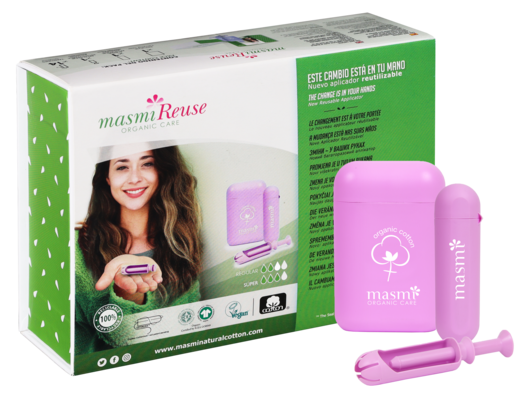 Sie sehen eine Packung Bio Tampons mit Re-Use Applikator Classic & Super MASMI, Produktbild: 01 Bio Tampons mit Re-Use Applikator Classic & Super MASMI, A-Nr.: 5713437 - 01