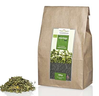 Sie sehen eine Packung Bio Moringa Tee, 100g, für mehr Fitness und Vitalität auch im hohen Alter, Produktbild: 01 Bio Moringa Tee, 100g, für mehr Fitness und Vitalität auch im hohen Alter, A-Nr.: 5229316 - 01