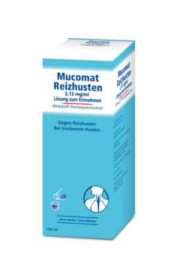 Sie sehen eine Packung MUCOMAT Hustenstiller 2,13 mg/ml Lösung zum Einnehmen 190ml, Produktbild: 01 MUCOMAT Hustenstiller 2,13 mg/ml Lösung zum Einnehmen 190ml, A-Nr.: 5502516 - 01