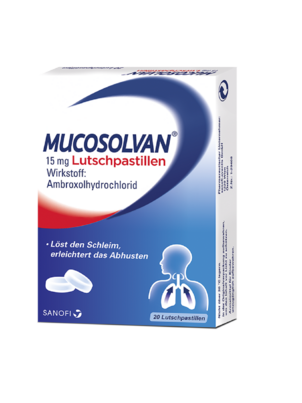 Sie sehen eine Packung Mucosolvan® 15 mg - Lutschpastillen, Produktbild: 01 Mucosolvan® 15 mg - Lutschpastillen, A-Nr.: 3517991 - 01
