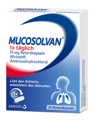 Sie sehen eine Packung Mucosolvan® 1x täglich 75mg Retardkapseln, Produktbild: 01 Mucosolvan® 1x täglich 75mg Retardkapseln, A-Nr.: 0990735 - 01