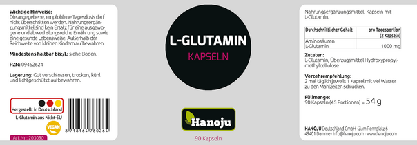 Sie sehen eine Packung Hanoju L-Glutamin 500mg, Produktbild: 02 Hanoju L-Glutamin 500mg, A-Nr.: 4255493 - 02