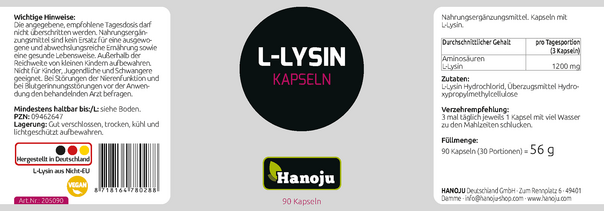 Hanoju L-Lysin Kapseln 500mg, A-Nr.: 4255518 - 02