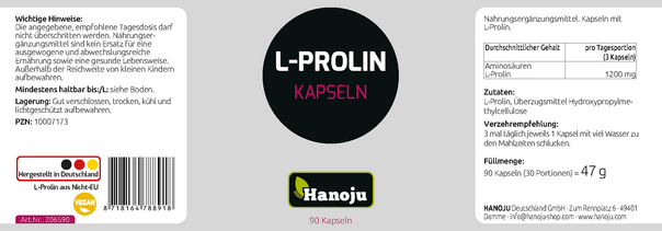 Sie sehen eine Packung Hanoju L-Prolin Kapseln 400mg, Produktbild: 02 Hanoju L-Prolin Kapseln 400mg, A-Nr.: 4255530 - 02