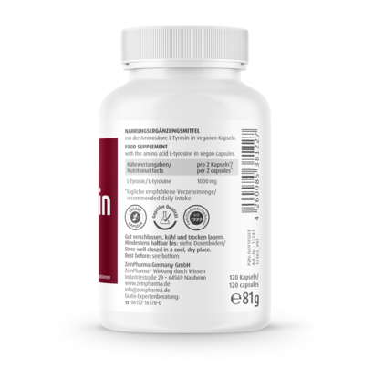 Sie sehen eine Packung Zeinpharma L-Tyrosin Kapseln, Produktbild: 03 Zeinpharma L-Tyrosin Kapseln, A-Nr.: 3956710 - 03