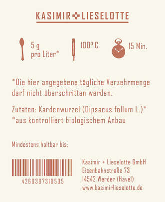 Sie sehen eine Packung Kasimir und Lieselotte - Kardenwurzel Tee 50 g, Produktbild: 02 Kasimir und Lieselotte - Kardenwurzel Tee 50 g, A-Nr.: 5176413 - 02