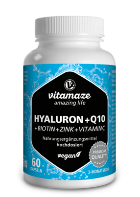 Sie sehen eine Packung Vitamaze Hyaluronsäure 200mg hochdosiert +Coenzym Q10 vegan, Produktbild: 01 Vitamaze Hyaluronsäure 200mg hochdosiert +Coenzym Q10 vegan, A-Nr.: 5179593 - 01